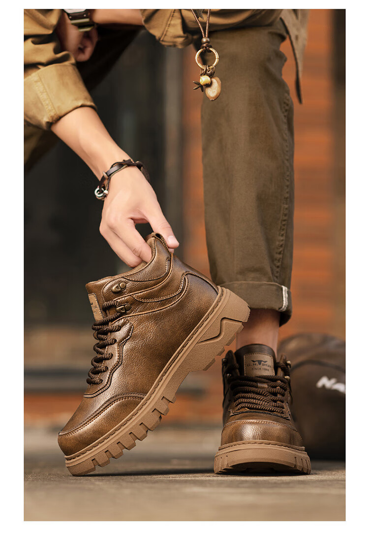 Bull Family Martin Boots Men Autumn Winter Retro British Work Boots High Top Lace-up Casual Short Boots Men's Thick Sole Height Increasing Boots 16
