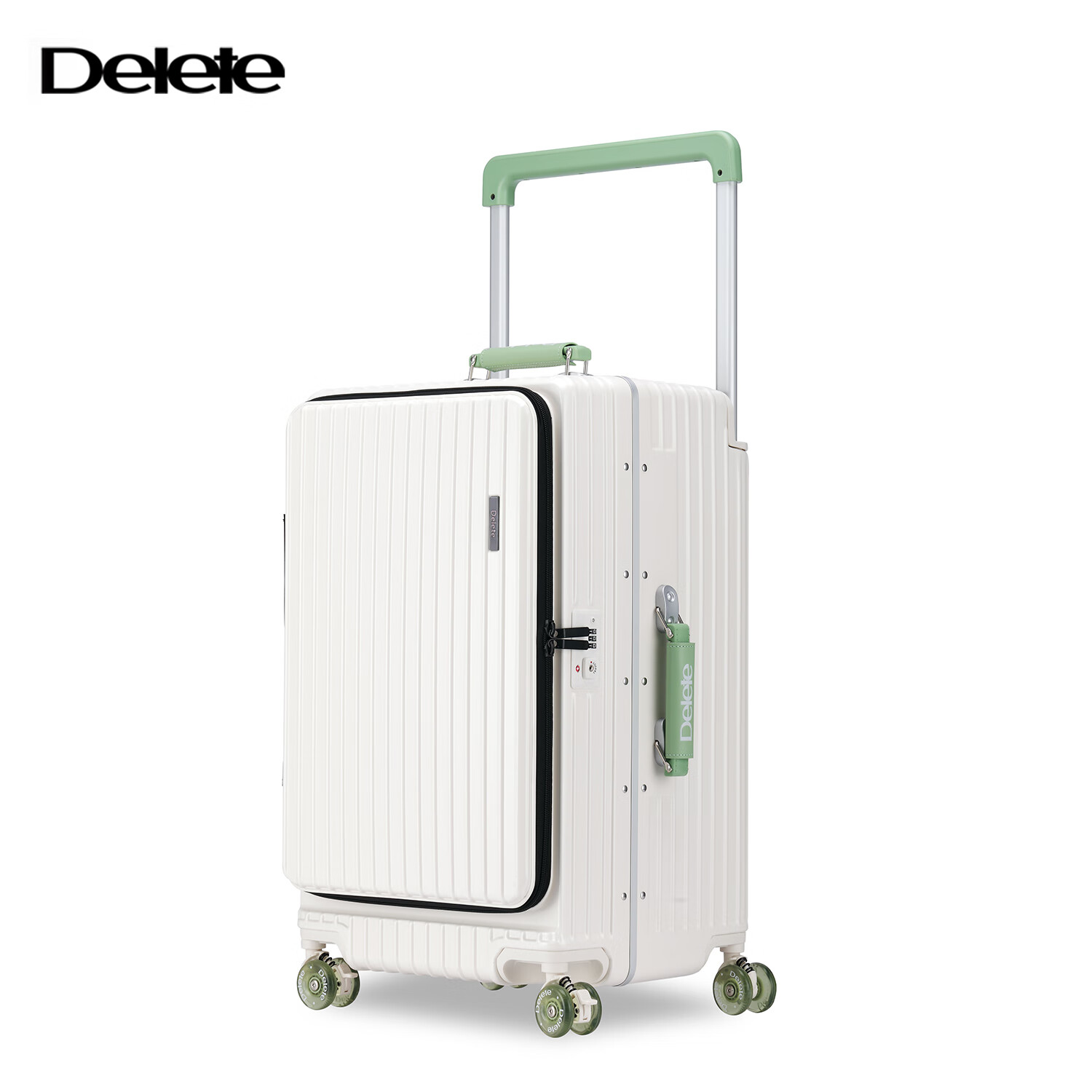 DELETE Side-Opening Wide Handle Large Capacity Carry-On Multifunctional Aluminum Frame Luggage Password Lock Suitcase, White & Green, 24 Inch