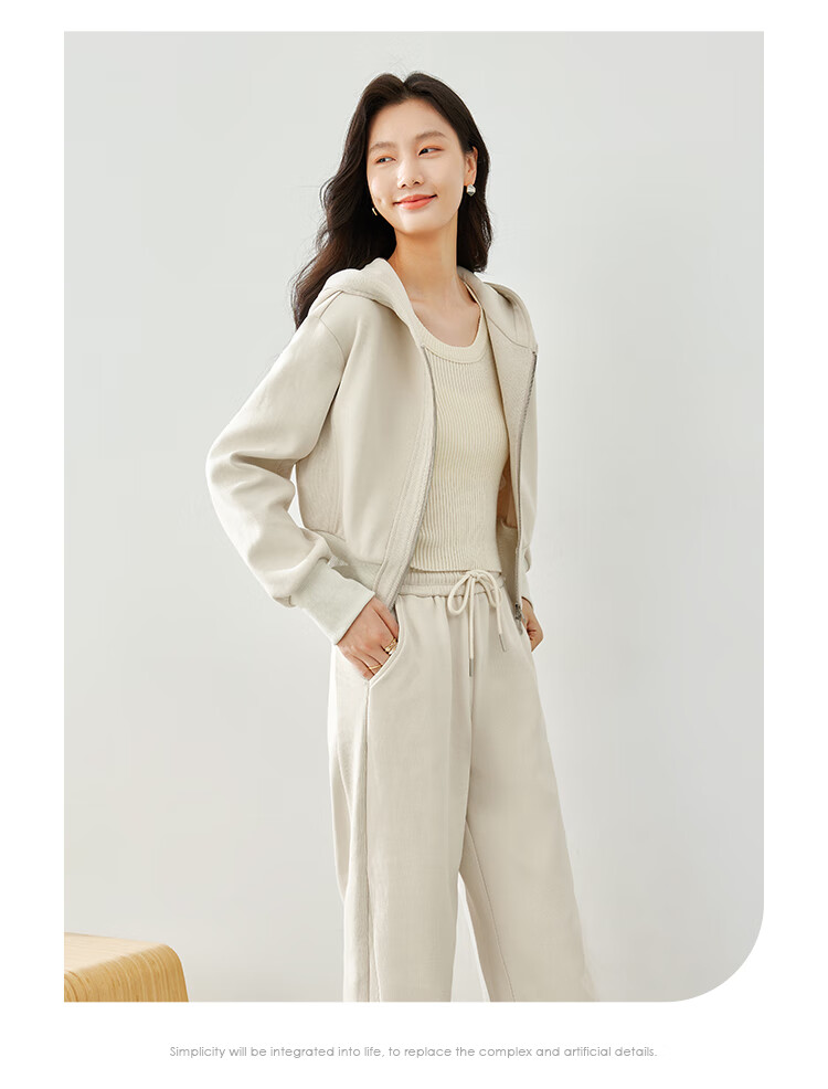 Fansiman Casual Hooded Sweatshirt Set for Women Autumn New Short Top and Long Pants Two-Piece Set Apricot M 4
