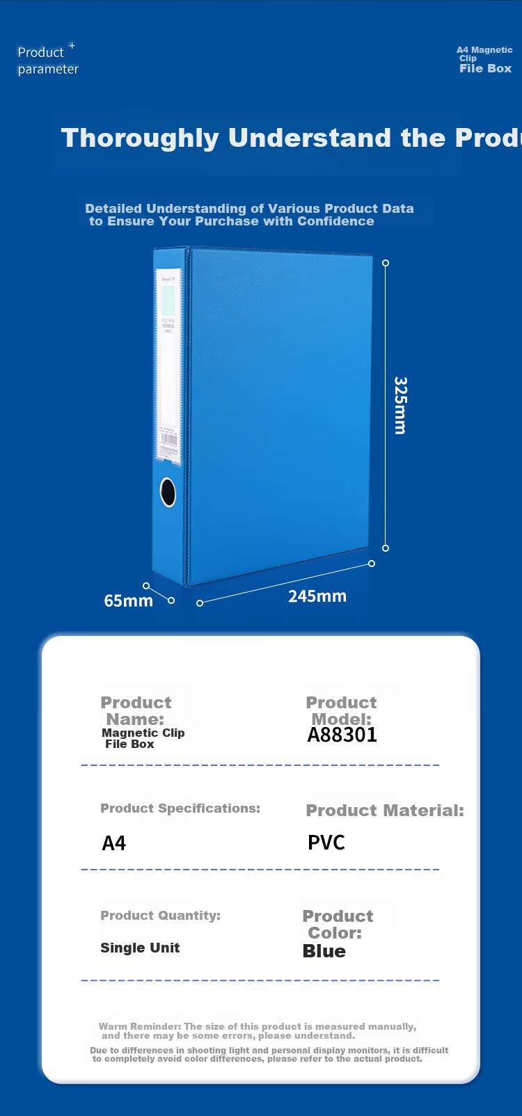 GuangBo 65mm A4 Magnetic File Box, Thickened Document Box with 55mm Capacity, File Storage Box for Financial Records And Receipts (Without Paper Clip), Blue A88301 3