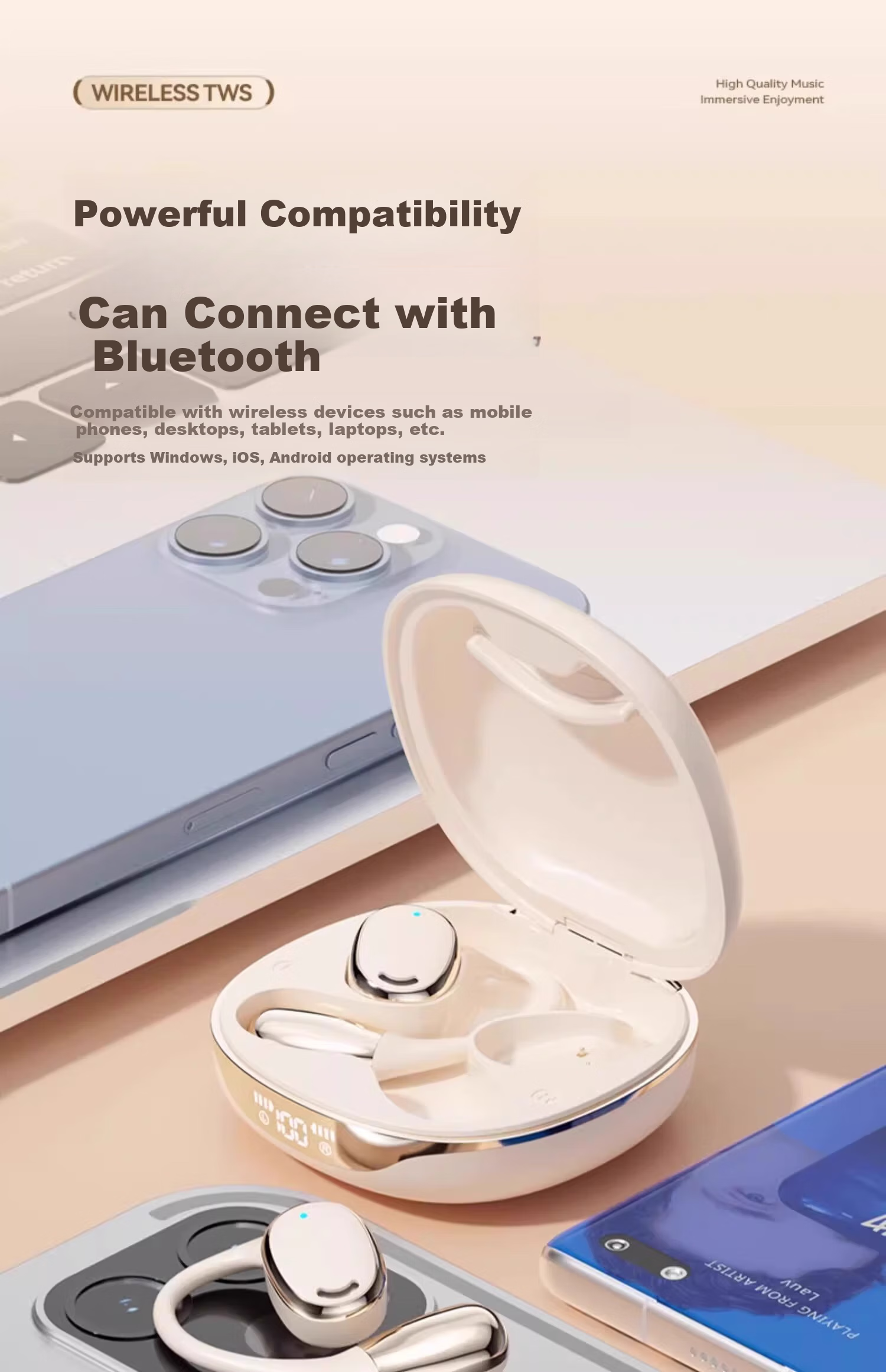 CLAISON Bluetooth Headphones, Ear-Hook Bone Conduction Concept, Non-In Open-Style Wireless Sports Running Cycling Noise-Cancelling Ear Clip Headphones, Suitable for Apple Huawei M70 - Off-White 17