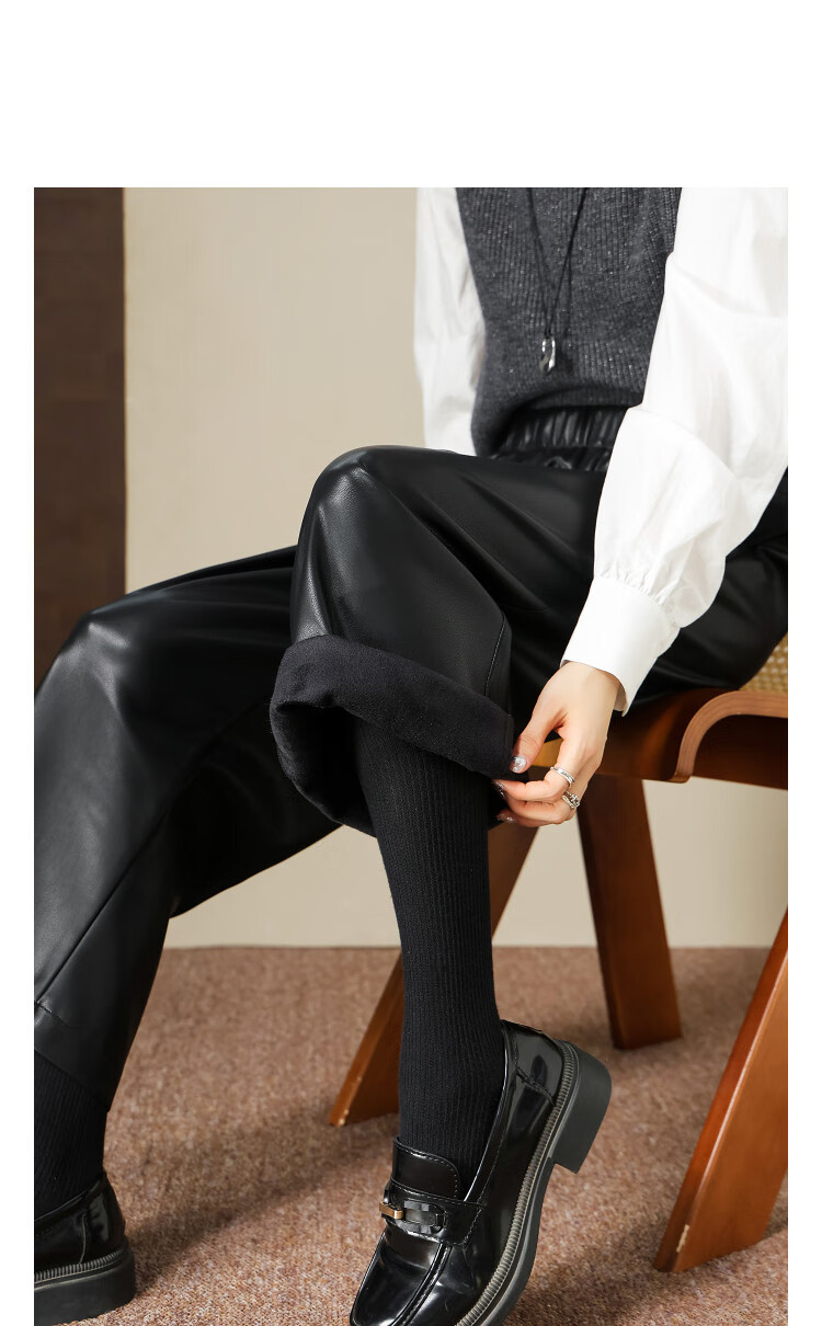 Demana [Button Adjustable Cuff] Winter Glossy PU Elastic High-Waist Cropped Straight-Leg Loose Women's Casual Pants 2