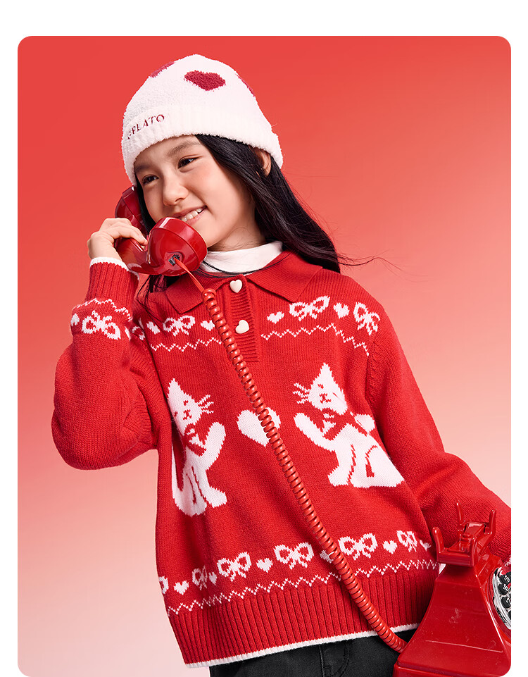 BALABALA 【balaOne】 Kids Sweater Girls Pullover Knitwear 2025 Autumn Winter Sweet New Year Outfit 3
