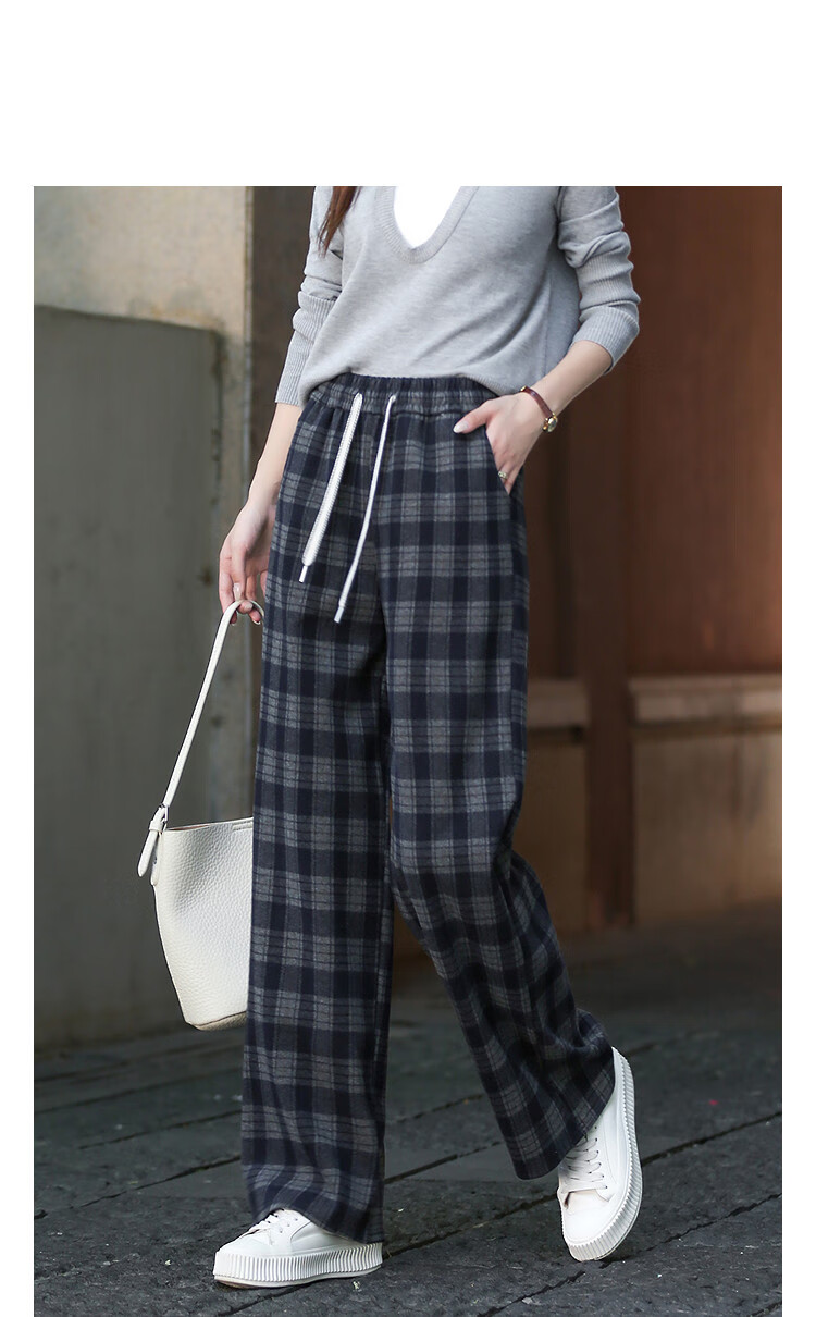 Demana [Inspiration Plaid] Autumn College Style Drawstring Elastic Waist Loose Fit Relaxed Wide-Leg Petite Women's Casual Pants 1