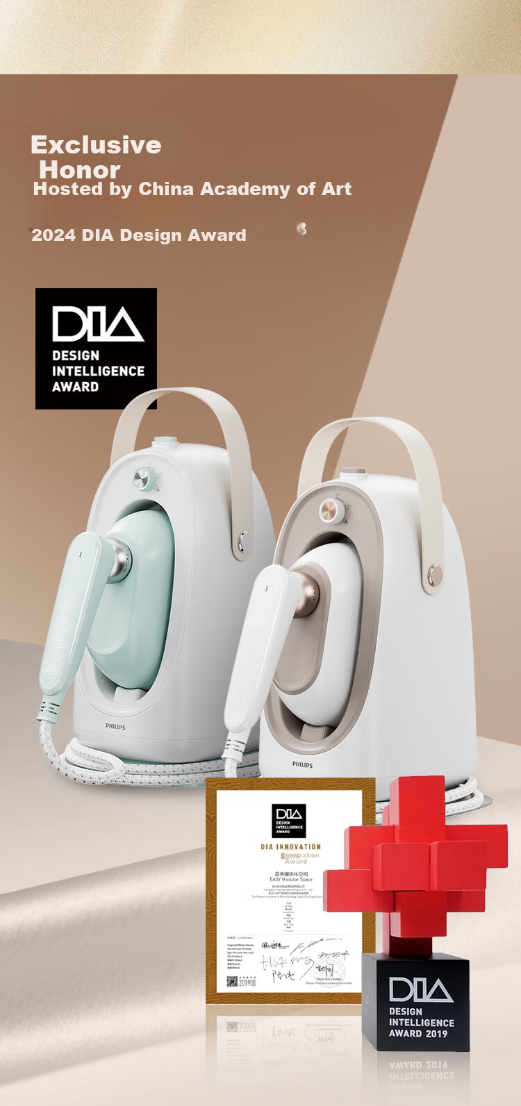 PHILIPS Desktop Space-Saving Iron, Handheld Home Small Garment Steamer, Maximum Steam Output 84g/min, 1L Bean-Shaped Iron STE0950/70, Peach Steam Bag 26