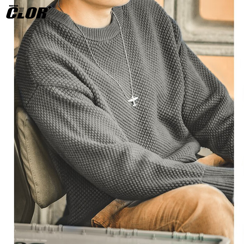 CLOR Workwear Vintage Pineapple Pattern Thickened Crew Neck Casual Knit Sweater Men MYC13 Gray L