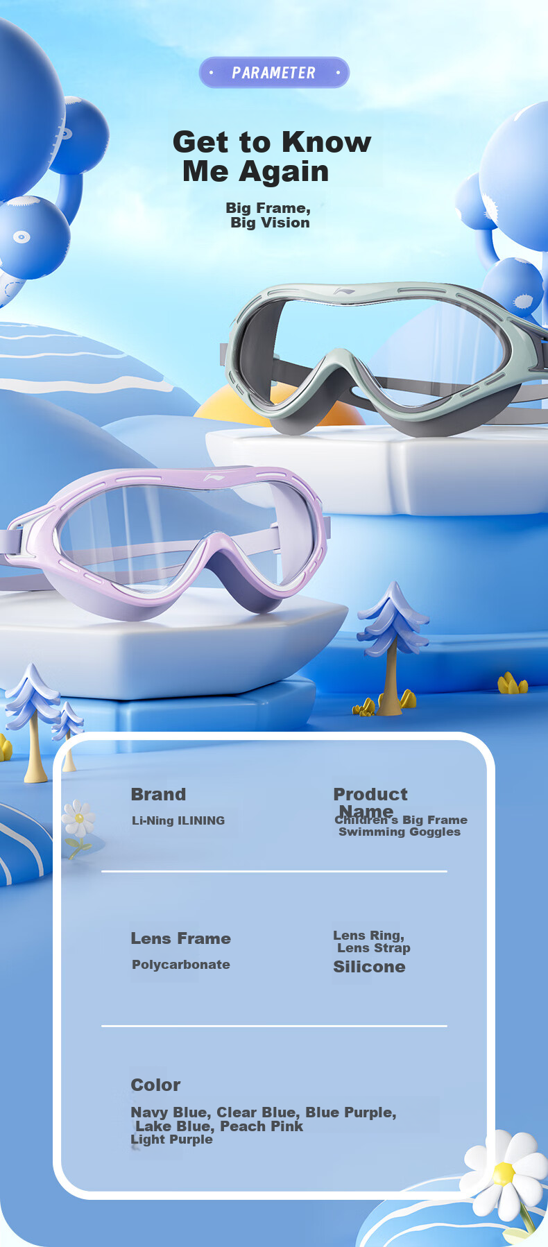 Li-Ning Children's Large Frame Swimming Goggles with Fabric Cap, Boys' Waterproof Anti-Fog Swim Glasses, High-Definition Diving Mask Set, 34-16 Nautical Blue 8