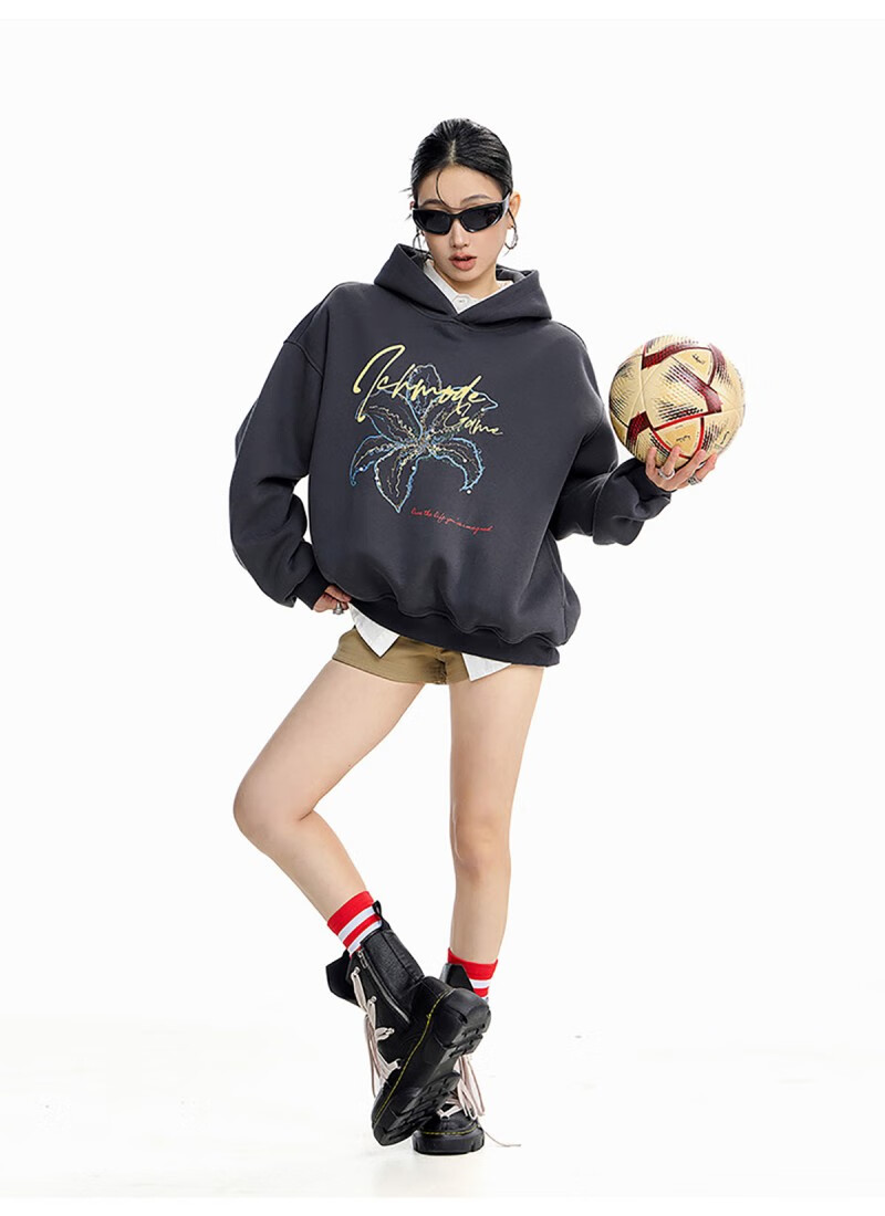 ICH MODE Women's American Style Hoodie Autumn Winter 2025 New Loose Pullover Jacket Top Dark Gray M 15
