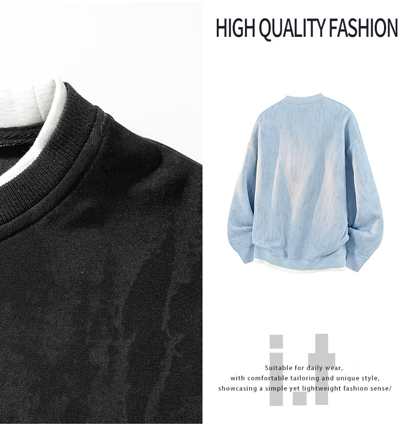 :CHOCOOLATE IT Fake Two-Piece Tie-Dye Hoodie Men Spring Autumn New American Streetwear Casual Long Sleeve T-Shirt Blue L 2