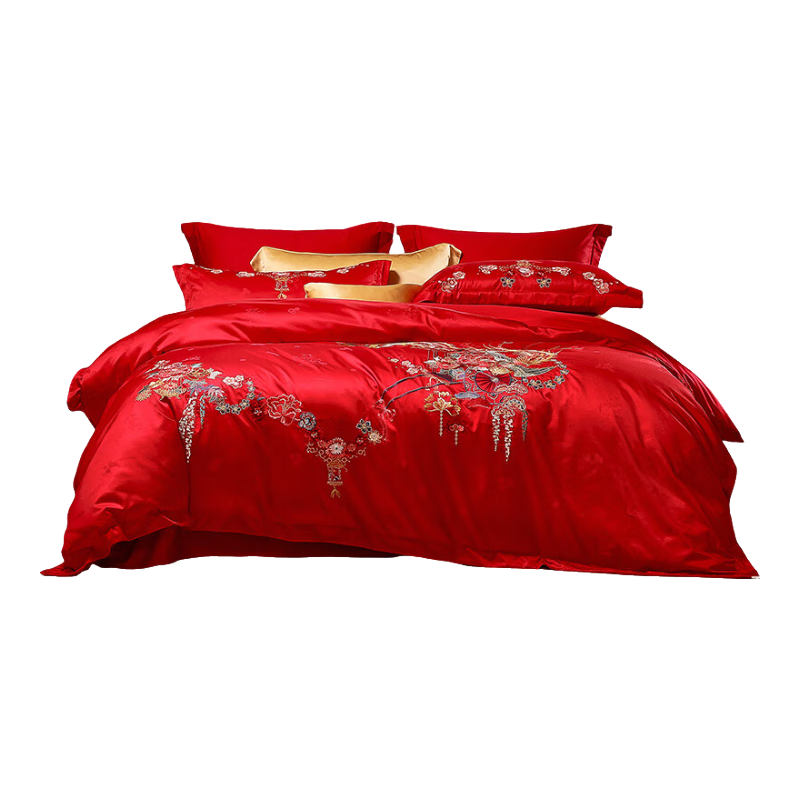 Fuanna Home Textiles Phoenix Embroidery Wedding Four-Piece Set Chinese Style Peony Embroidered Marriage Bedding Set for 1.8m Bed