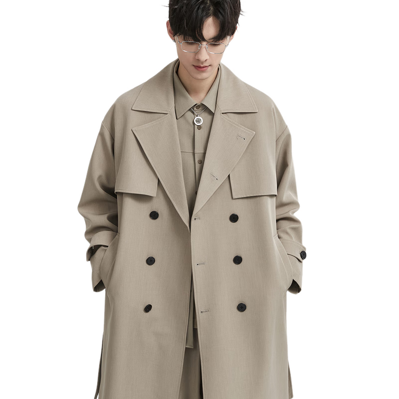 Bojuezhuoer Suit Collar Mid-Length Men's Trench Coat, Double-Breasted, High-End Classic Design, Casual Style