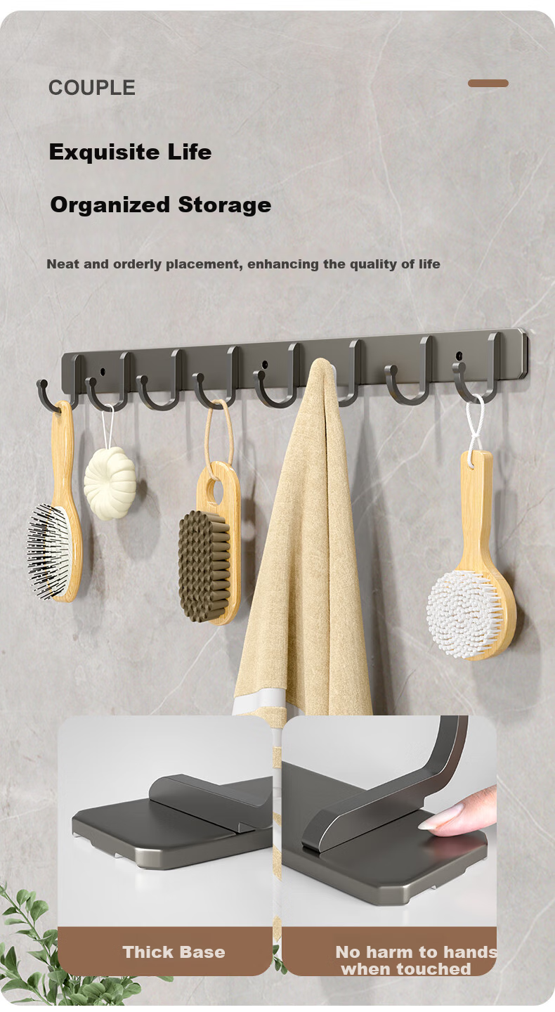 Baizi Space Aluminum Hooks, No Drilling Required, Coat Hooks, Door Back Key Hooks, Entryway Bathroom Kitchen Adhesive Hooks, 8 Hooks 4