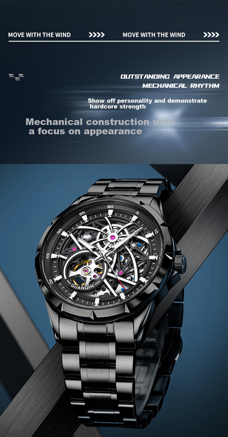 GUANQIN Men's Mechanical Watch, Swiss Certified Fully Automatic Skeleton Trendy Men's Watch, Fireworks Series Strong Luminous Famous Watch 7