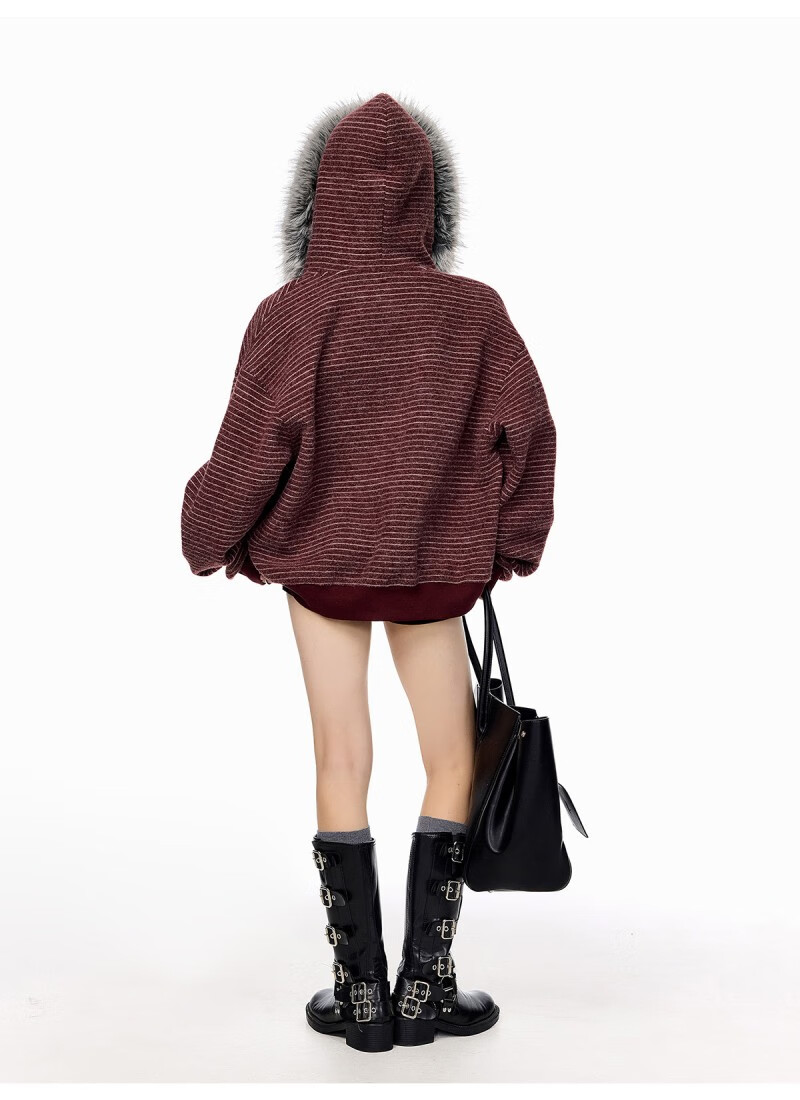 ICH MODE Women's American Style Hooded Striped Jacket with Fur Collar Autumn Winter New Zip-up Sweatshirt Cardigan Black M 19