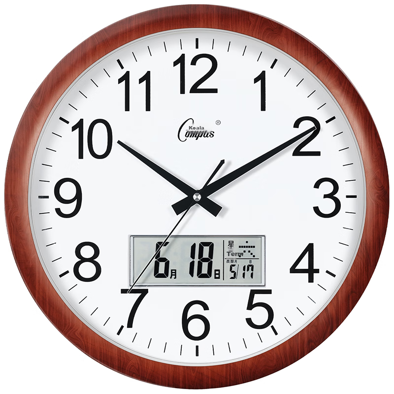 Compas Wall Clock, Living Room Quiet Large Size Quartz Clock, Wall-Mounted Calendar Timepiece 3128Y, Wood Grain Calendar Style 38cm