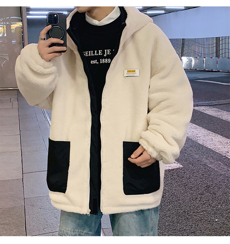 NASA MARVEL Men's Winter Cotton Padded Hooded Jacket Lamb Wool Warm Couple's Puffer Coat Black 3XL 14