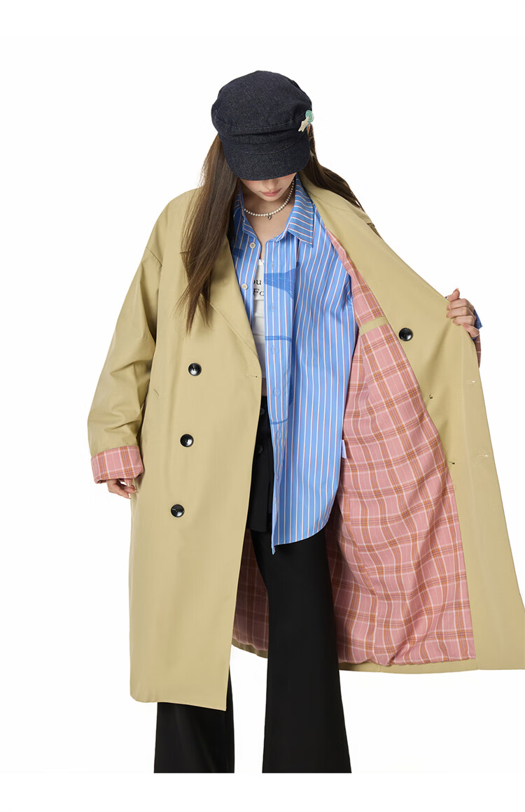 GROUND ZERO Unisex Autumn Mid-Length Trench Coat with Plaid Color-Block Lining Black 2XL 2