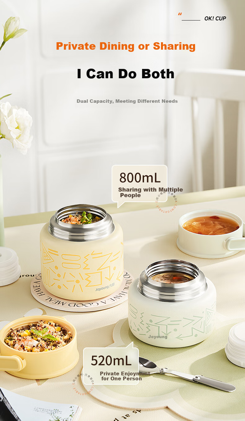 Joyoung Thermal Food Jar, 316L Stainless Steel Insulated Lunch Box, Vacuum Insulated Mug for Men And Women, Students, Thermal Cooker Pot, 800ml 11