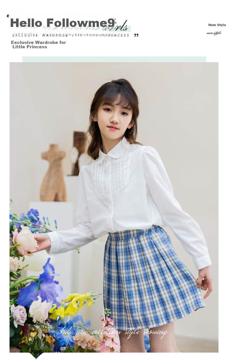 Follow Me Girls' Shirt, Spring And Autumn Academic Style Versatile Casual Long-Sleeve Top, Children's Peter Pan Collar Blouse, White, Size 110 1