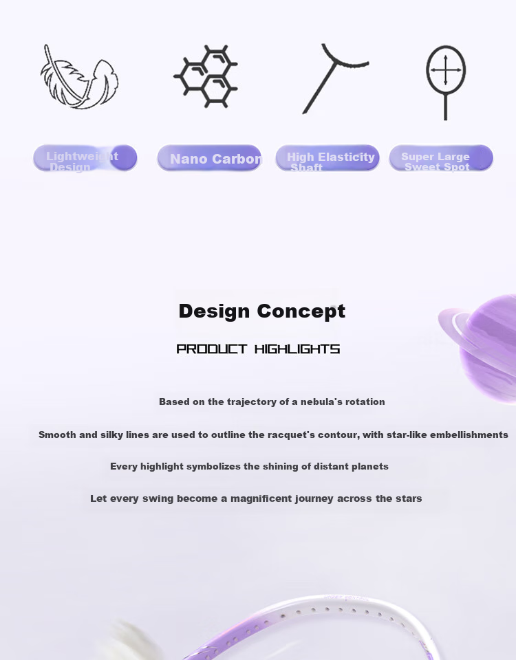 KUMPOO Badminton Racket, Full Carbon Fiber, 5U Ultra-Light Offensive Type, for Beginners And Intermediate Players, Single Racket, Xunfeng Nebula White And Purple Color 3