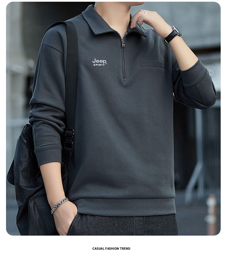 JEEP SPIRIT Men's Sweatshirt, Spring Season, Lapel Collar, Half-Zip, Loose Casual Top, Dark Gray, 4XL 6
