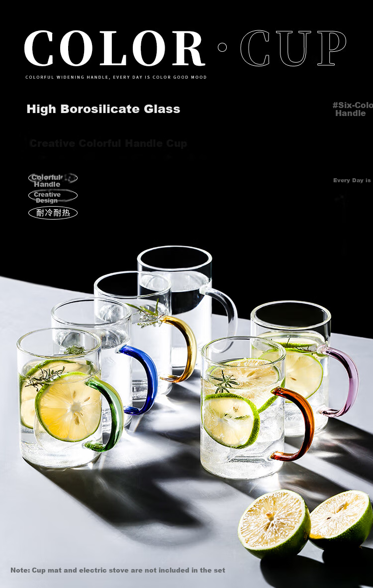 WEIMINGNUO Glass Drinking Cups Heat-Resistant Tea Cups Set with Handles for Home Use, Transparent High Borosilicate Glass Cups, Set of 6, 300ML Each 1