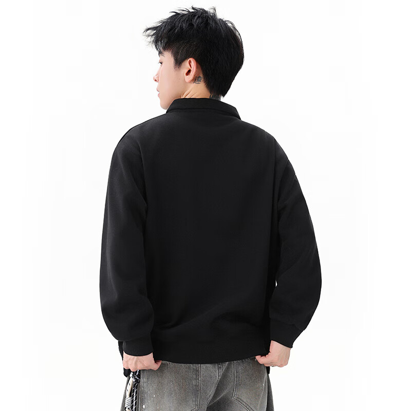 Dingfengbaoluo Heavyweight Polo Collar Sweatshirt Men Autumn Winter Trendy Casual Loose Simple Solid Color Top DQZ10 Black M