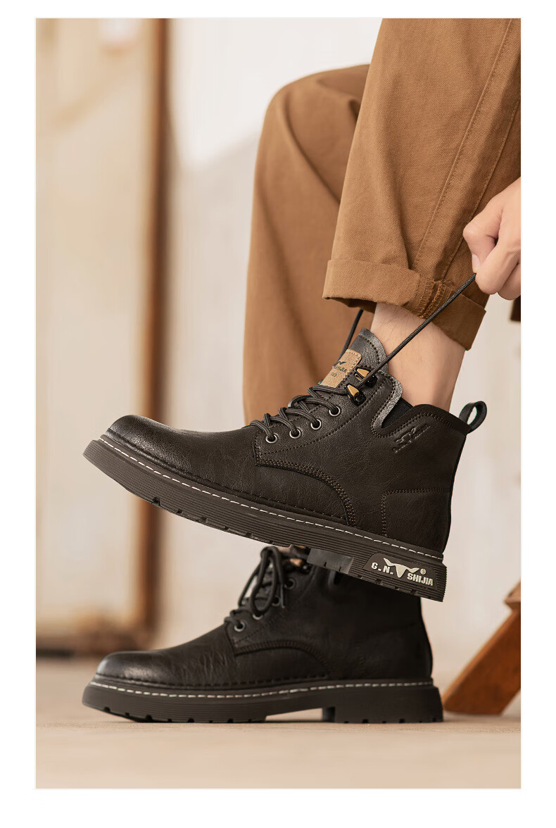 Bull Family Men's Autumn Winter New Retro British Martin Boots Fashion Versatile Work Boots Mid-High Lace-Up Leather Boots 9