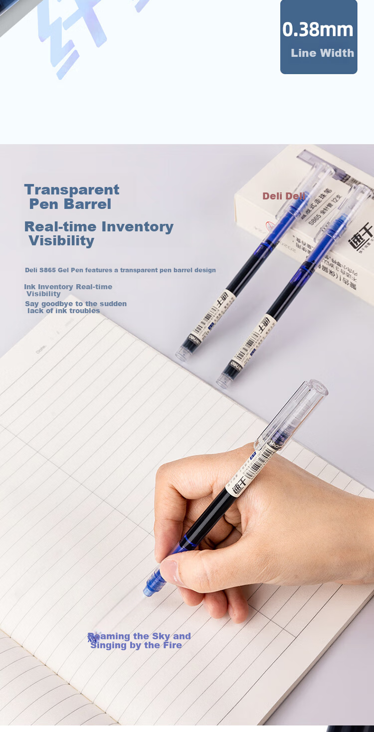 Deli Quick-Drying Rollerball Pen, 0.38mm Full Needle Tube, Student Gel Pen, Writing Pen, Signature Pen, Ballpoint Pen with Roller Ball, Blue, 12 Pens/box, S865 6