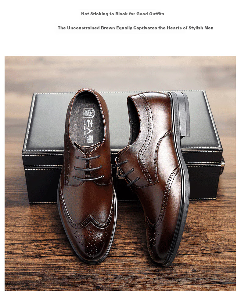 LAORENTOU Men's Leather Shoes, Spring And Autumn Brogue Carved Leather Shoes, British Style Breathable Formal Wedding Shoes, A50237, Brown, Size 39 5