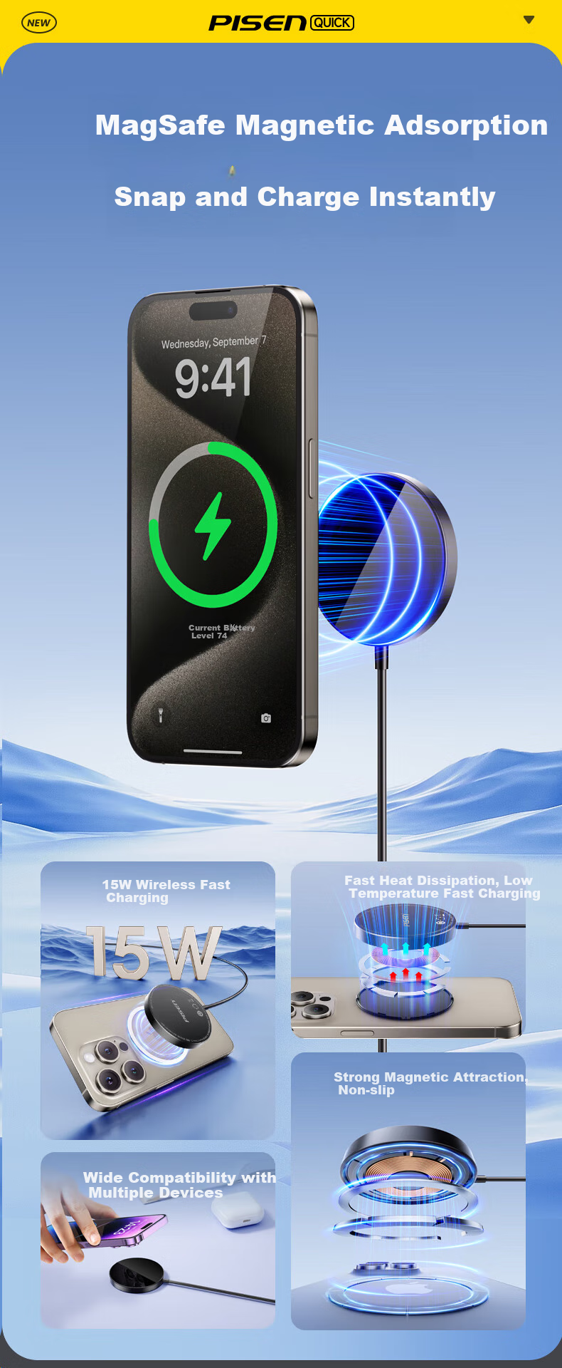 Pisen Apple Wireless Charger Magsafe Magnetic Fast Charging for IPhone 17 Air Charging Pad Compatible with Apple 17 Pro/16/15, Huawei, Xiaomi, Samsung Phones Charging Dock 1