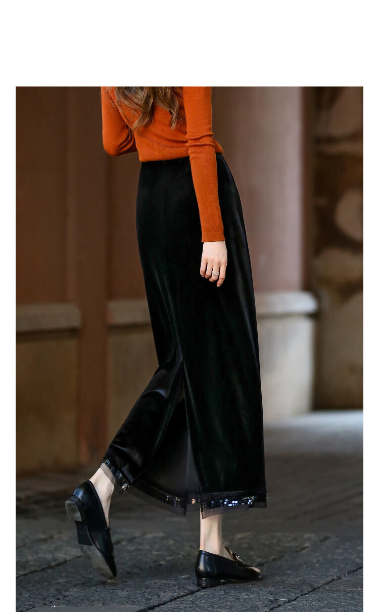 Demana Velvet Whisper Autumn Glossy Sequin Patchwork Straight Cut Elastic Waist Slimming Petite Women's Skirt 1