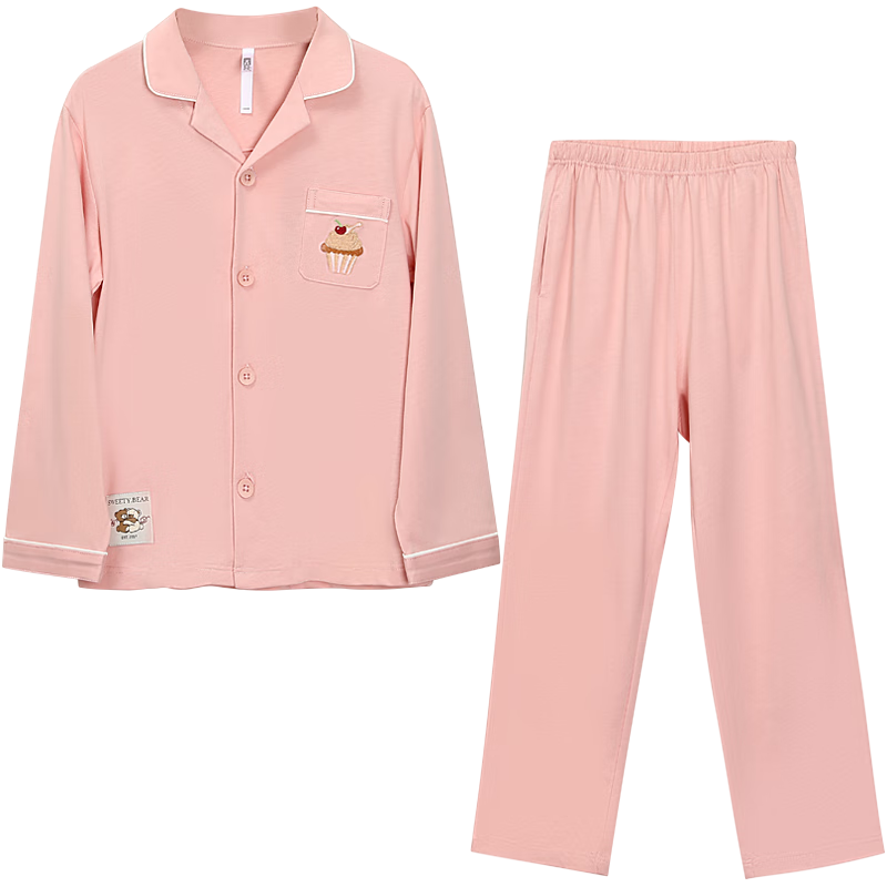 Hodohome Girls' 7A Antibacterial Cotton Long Sleeve Pajama Set with Cartoon Print, Cardigan Style, Size 165, Color 500 Pink