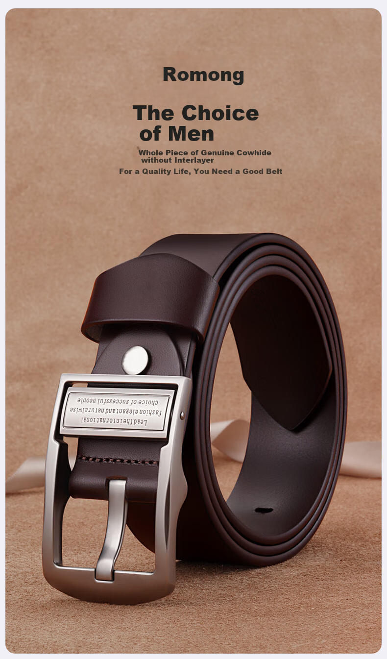 ROMON Men's Pin Buckle Genuine Leather Belt, Cowhide Pure Middle-Aged And Young Fashion Casual Retro Denim Brand Trouser Belt 9