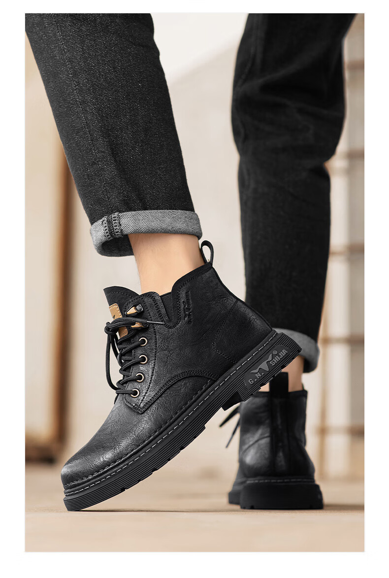 Bull Family Men's Autumn Winter New Retro British Martin Boots Fashion Versatile Work Boots Mid-High Lace-Up Leather Boots 3