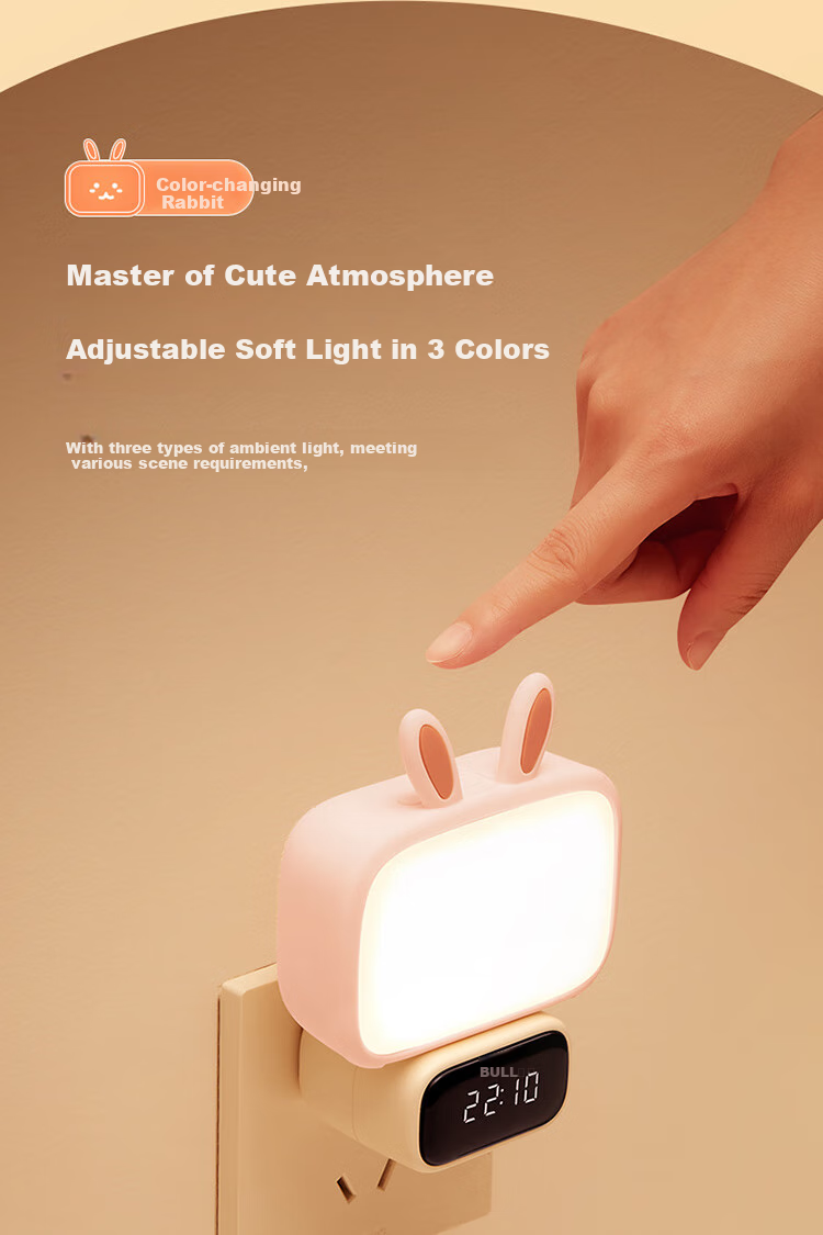 BULL Cute Rabbit Night Light, Ambient Light, Three-Level Color Adjustment, Stepless Dimming, Timer, Wireless Remote Control, 500mAh Battery-Powered Clock Model 6