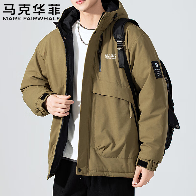 MARK FAIRWHALE Men's Cotton Padded Jacket Autumn Winter Thickened Hooded Coat Warm Puffer Black L