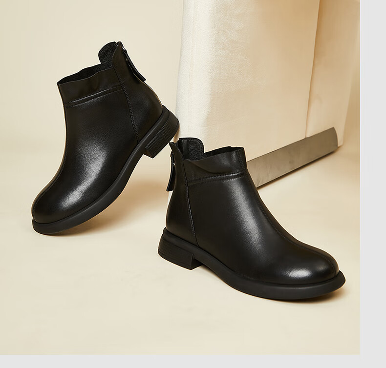 Fugui Bird Genuine Sheepskin Leather Ankle Boots Women Autumn Winter Fleece Lined Warm Fashion Boots Round Toe Chunky Heel Black Fleece Lined Size 37 5