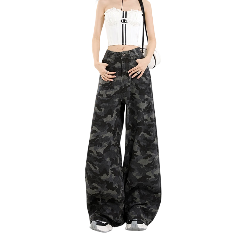 Free Style Camouflage Wide-Leg Denim Jeans for Women 2025 Autumn New American High Street High Waist Slim Loose Straight-Leg Floor-Length Pants