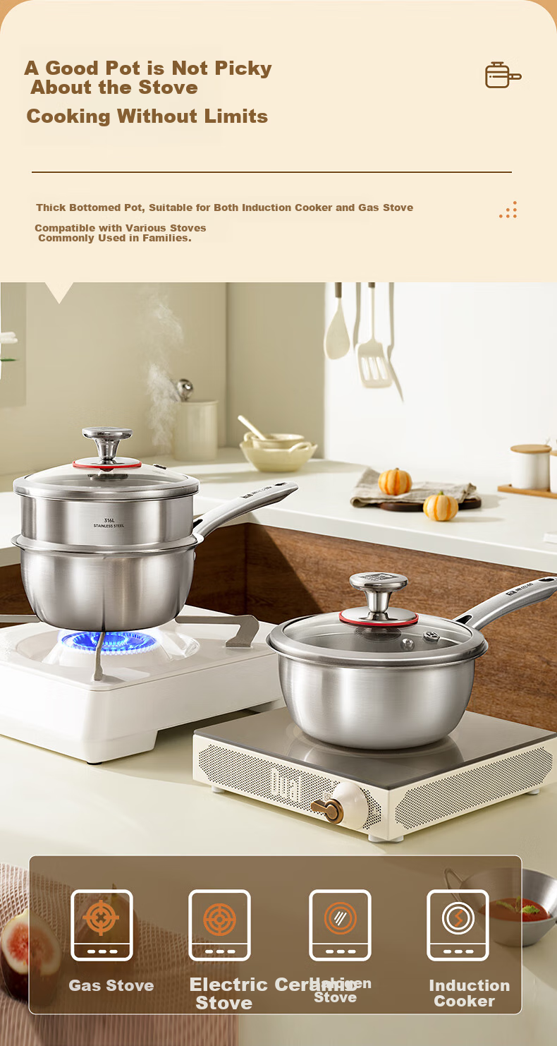 Kobach Non-Stick Milk Pot, 316L Stainless Steel Steamer Pot, Uncoated Baby Food Pot, Three-Layer Base, Compatible with Stove And Oven, 16cm 1
