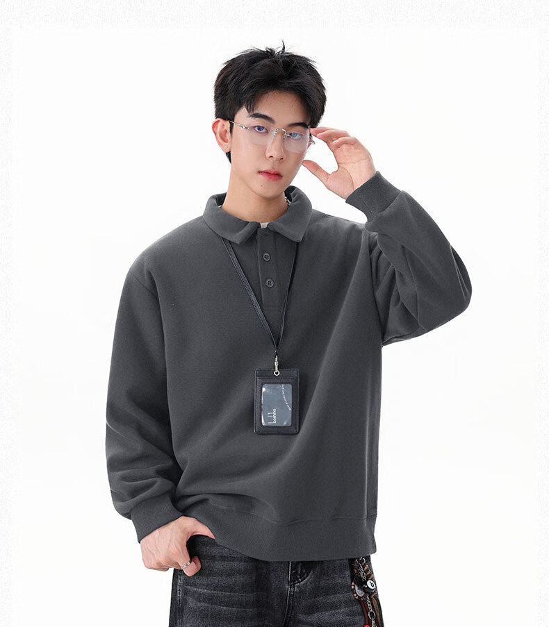 Dingfengbaoluo Heavyweight Polo Collar Sweatshirt Men Autumn Winter Trendy Casual Loose Simple Solid Color Top DQZ10 Black XL 17