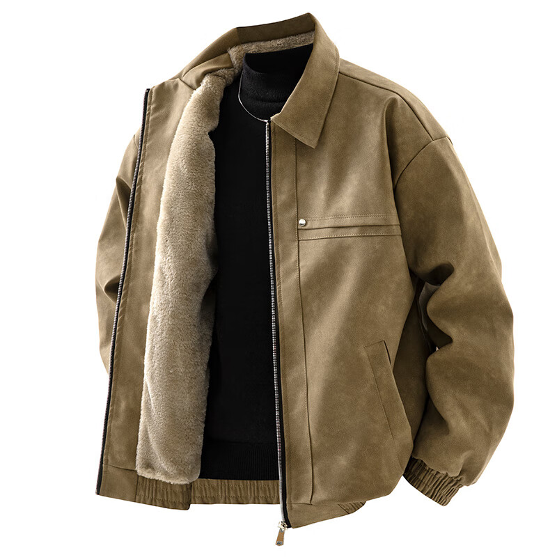 Dingfengbaoluo American Style PU Leather Jacket Men Autumn Winter Fleece Thickened Loose High-Grade Warm Leather Coat XHR72 Brown M