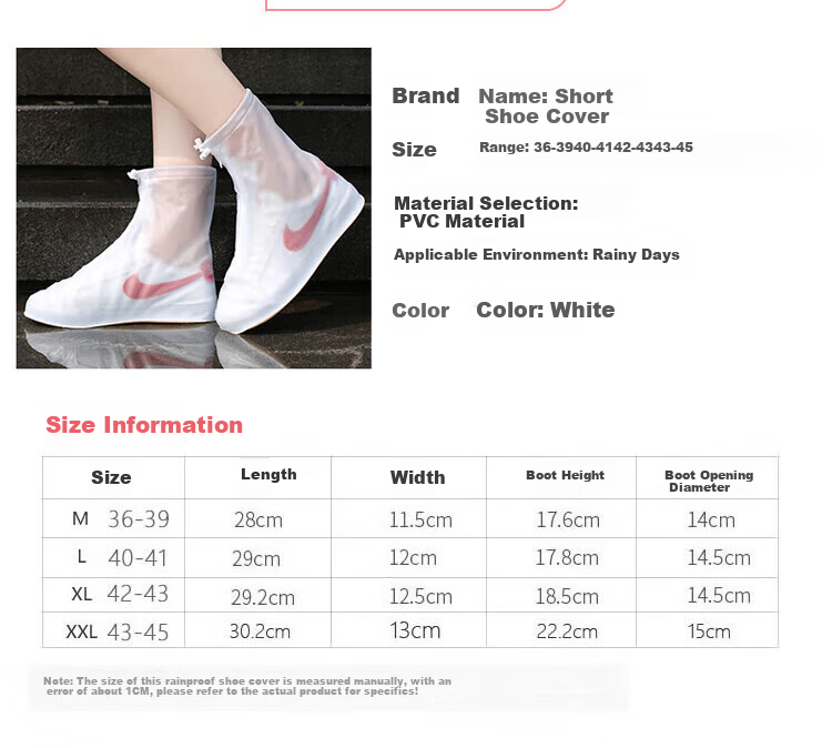 BWNK Waterproof Shoe Covers, Thick Rain Boots, Portable Non-Slip Wear-Resistant Rain Boots, White, Size XL 15