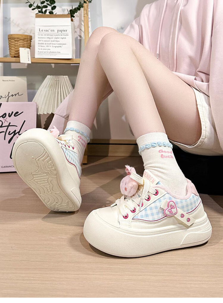 Renben Fleece-Lined Women's Cartoon White Shoes Winter New Cotton Shoes Thick Sole Casual Shoes Khaki Cotton Shoes Size 39 21