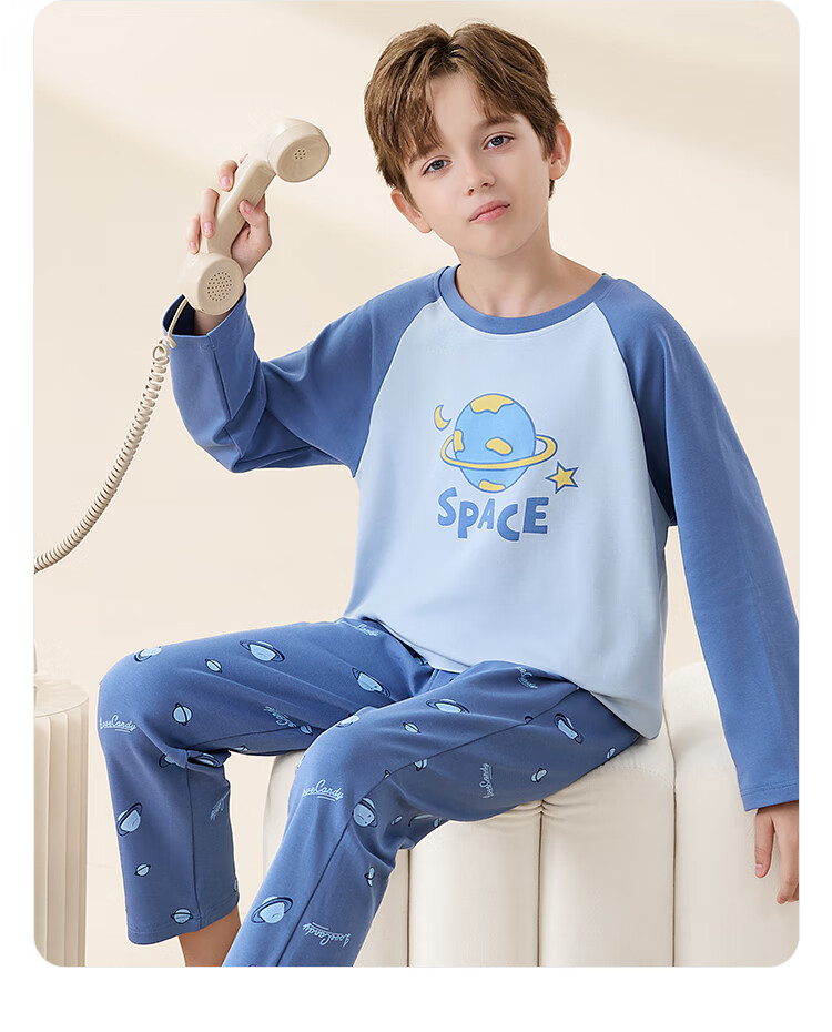 Bingxue Kapok Boys' Cotton Pajama Set Spring Autumn Round Neck Loose Fit Long Sleeve Top and Pants Homewear for Growing Boys 2