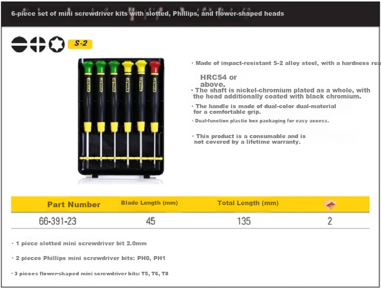 STANLEY 6-Piece Flat And Phillips Mini Precision Screwdriver Set C 66-394 2