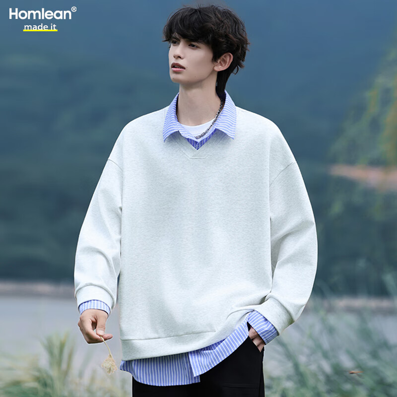 Homlean Casual Two-Piece Shirt Collar Color-Block Sweatshirt Men Autumn Winter Striped Loose Japanese Style HK05 Light Gray M