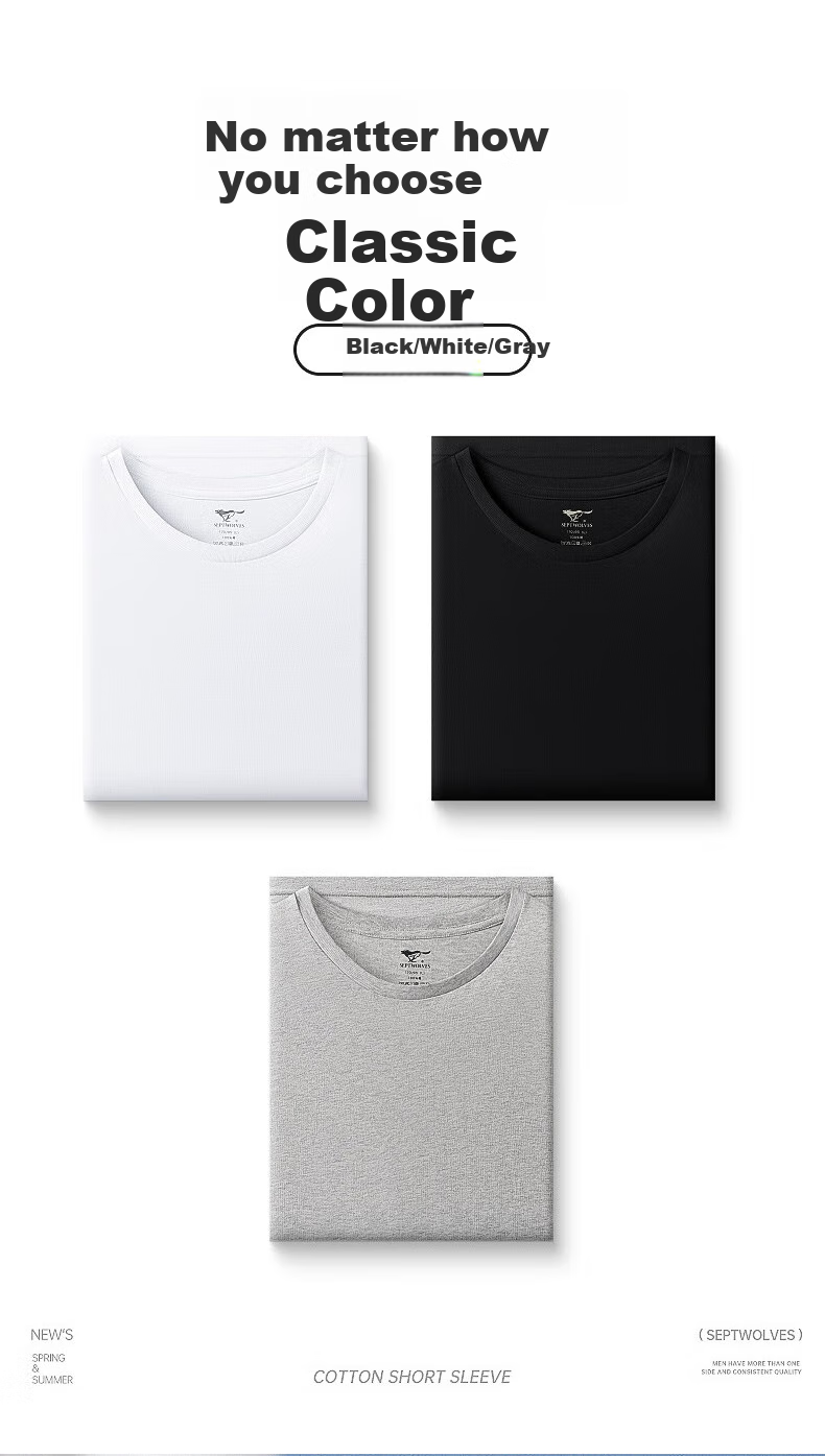 SEPTWOLVES [Soft And Skin-Friendly] Men's Short-Sleeve Pure Cotton T-Shirt, Breathable Running Sports 100% Cotton White Tee Loungewear 3