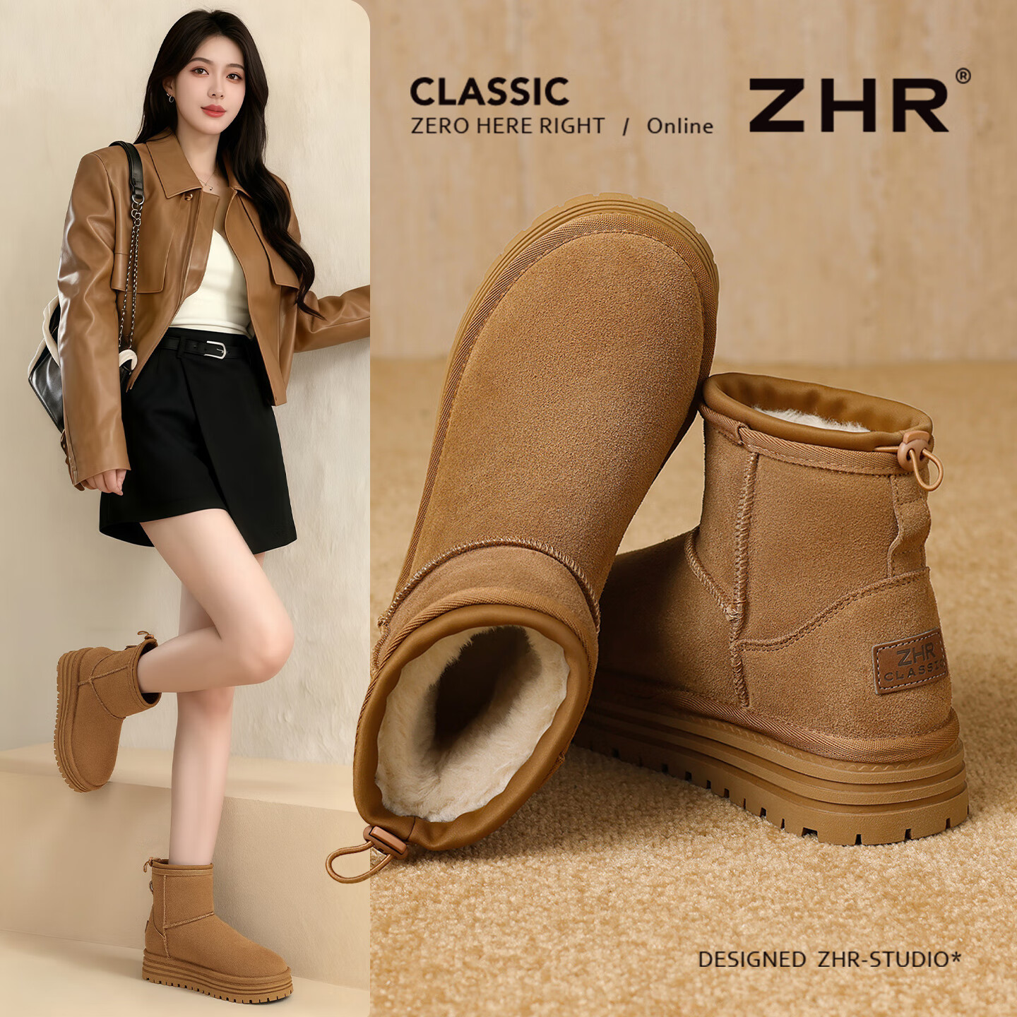 ZHR Women's Winter Snow Boots Long Plush Cold-Resistant Northeast Boots Thick Sole Suede Leather Ankle Boots JQ31 Camel Size 37