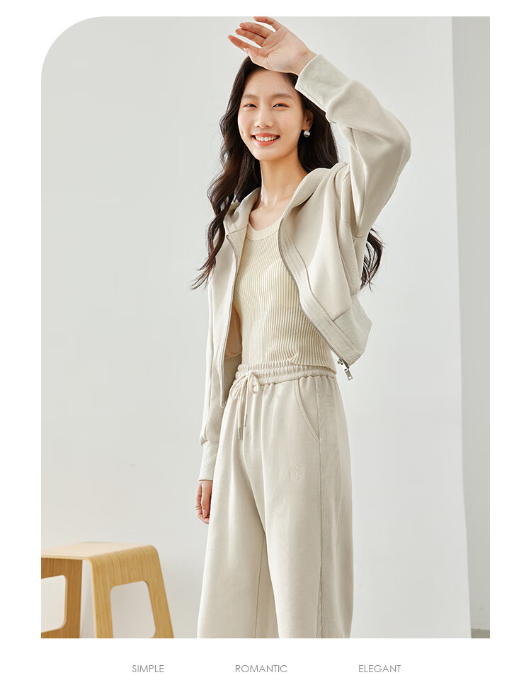 Fansiman Casual Hooded Sweatshirt Set for Women Autumn New Short Top and Long Pants Two-Piece Set Apricot M 5
